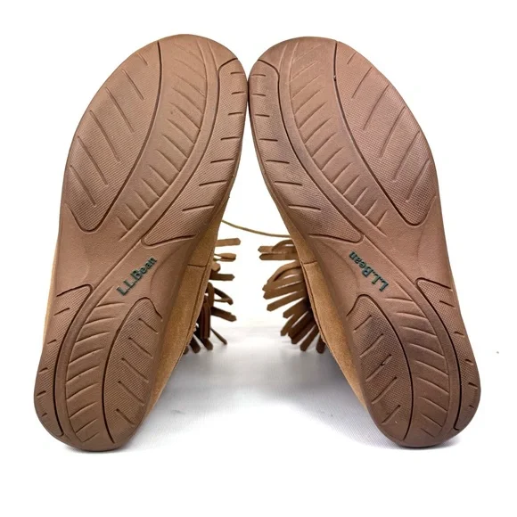 LL Bean tall suede tan moccasin boots shearling lined lace up w fringe. Sz 7.5 - Picture 11 of 14